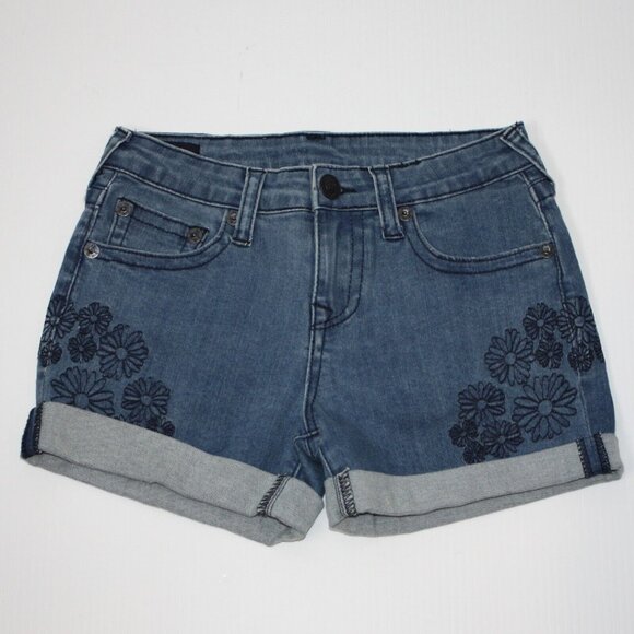 True Religion Girl's Audrey Blue Denim Jean Short with Floral Embroidery size 12 - Picture 1 of 4